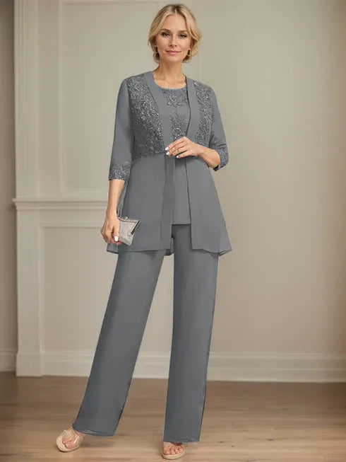 Floor-Length Chiffon Lace Jumpsuit and Pantsuit Separates with Sequins – Perfect Mother of the Bride Dress