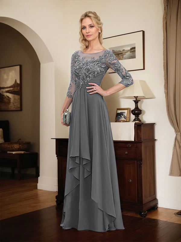 A-Line Scoop Neck Illusion Floor-Length Lace Chiffon Mother of the Bride Dress with Cascading Ruffles