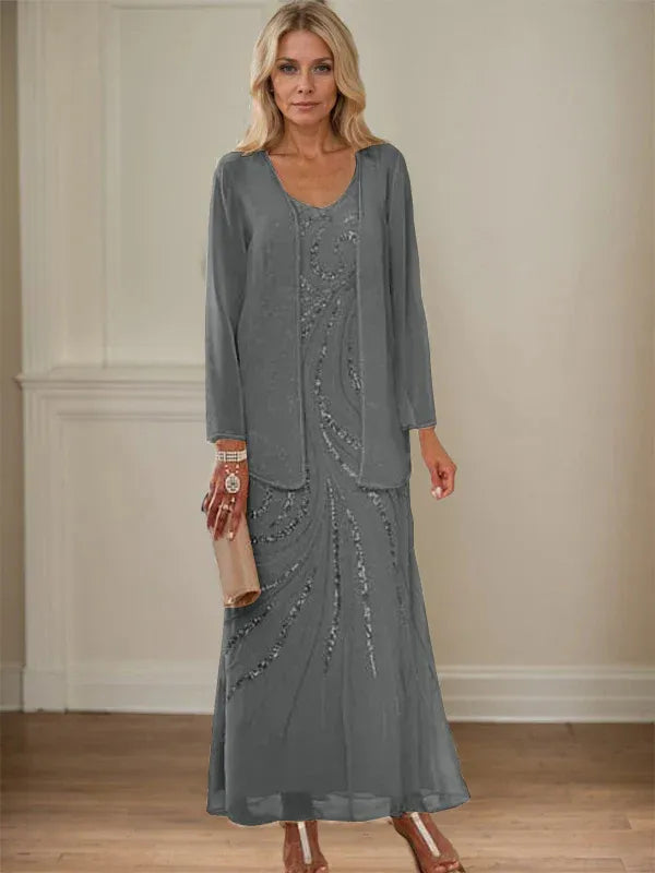 V-Neck Sheath/Mother of the Bride Ankle-Length Dress with Jacket & Sequins