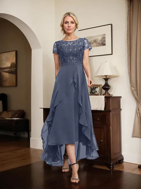 A-Line Scoop Neck Illusion Asymmetrical Chiffon Lace Mother of the Bride Dress with Bow, Ruffle, and Sequins