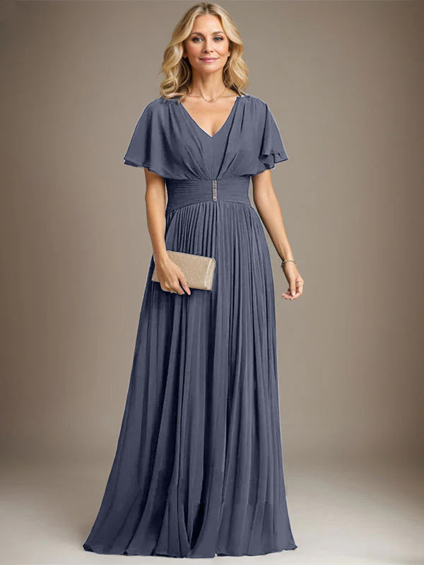 A-Line V-Neck Floor-Length Chiffon Mother of the Bride Dress with Crystal Brooch and Pleated Design