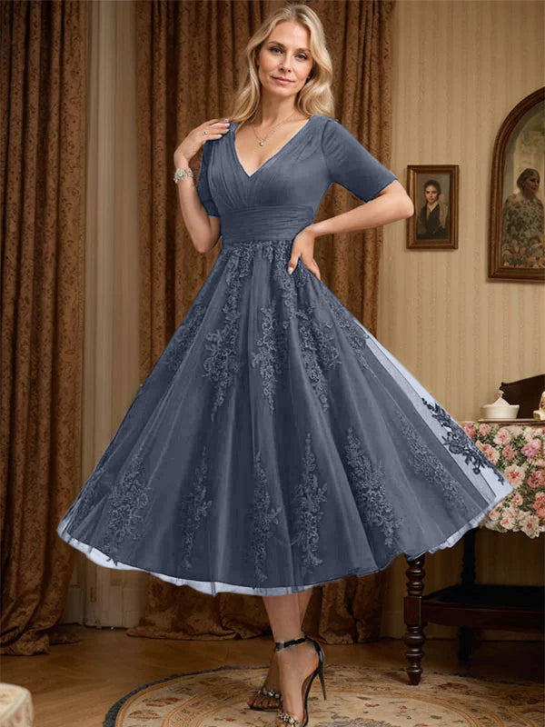 A-Line V-Neck Tea-Length Tulle Lace Mother of the Bride Dress with Pleats