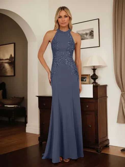 Dusty Blue Sheath Halter Mother of the Bride Dress with Appliqué Details