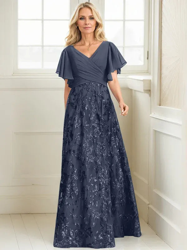 A-Line V-Neck Floor-Length Lace and Sequin Chiffon Mother of the Bride Dress with Pleats