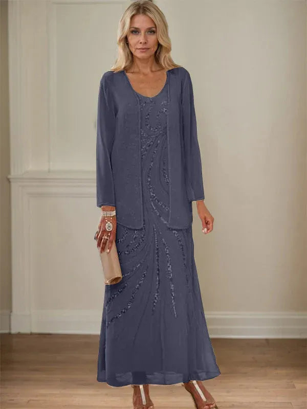 V-Neck Sheath/Mother of the Bride Ankle-Length Dress with Jacket & Sequins