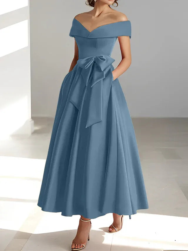 A-Line Off-the-Shoulder Sleeveless Ankle-Length Mother of the Bride Dress with Pockets