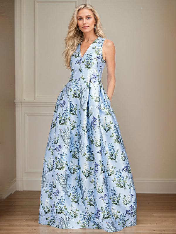 Light Blue Floral A-Line V-Neck Mother of the Bride Dress