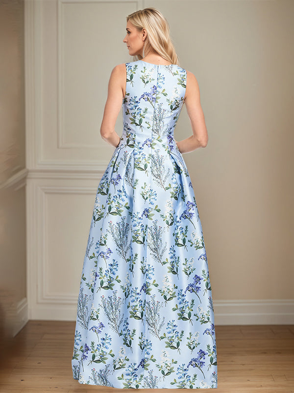 Light Blue Floral A-Line V-Neck Mother of the Bride Dress