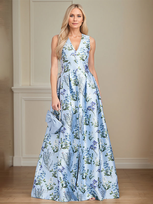 Light Blue Floral A-Line V-Neck Mother of the Bride Dress