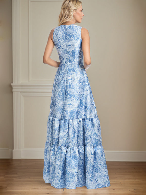 A-Line V-Neck Light Blue Floral Satin Mother of the Bride Dress