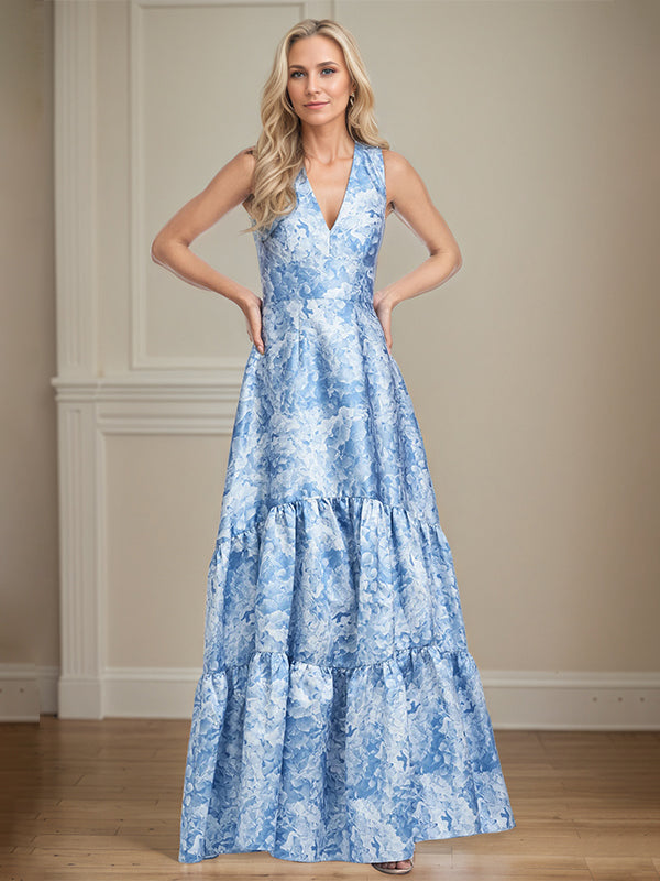 A-Line V-Neck Light Blue Floral Satin Mother of the Bride Dress