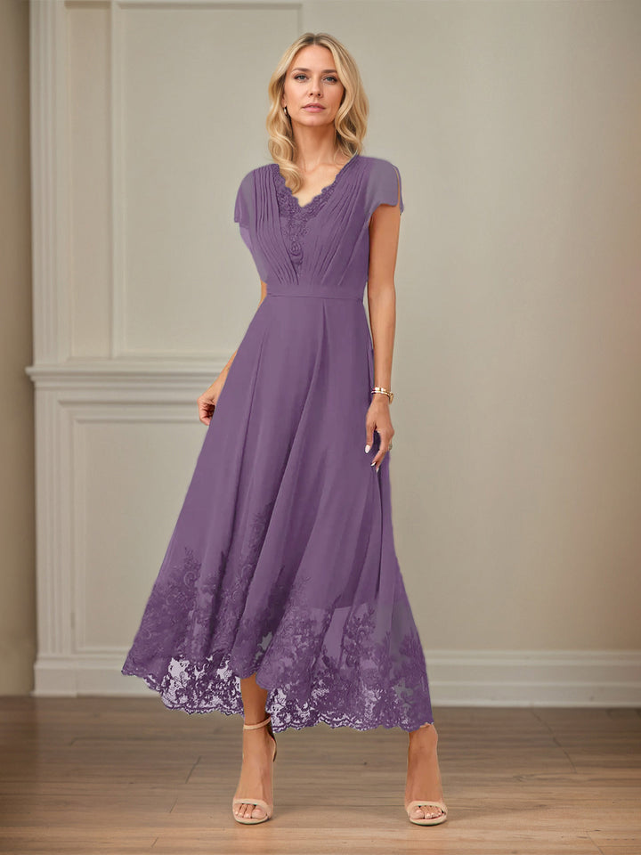 A-Line V-Neck Flutter Sleeve Chiffon Dress with Appliques and Ankle Length