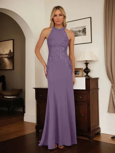 Dusty Blue Sheath Halter Mother of the Bride Dress with Appliqué Details