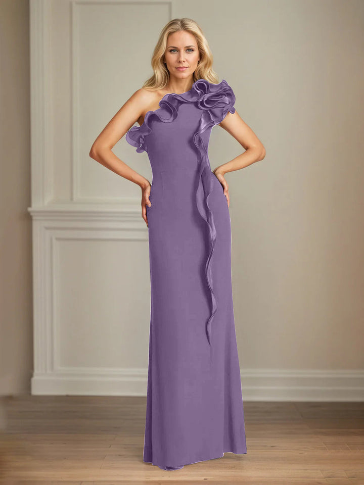 Navy Stretch Crepe One-Shoulder Sheath Dress with Ruffles – Floor-Length Mother of the Bride Gown