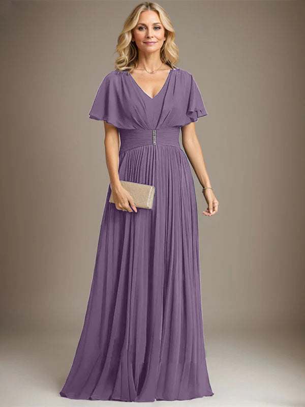 A-Line V-Neck Floor-Length Chiffon Mother of the Bride Dress with Crystal Brooch and Pleated Design
