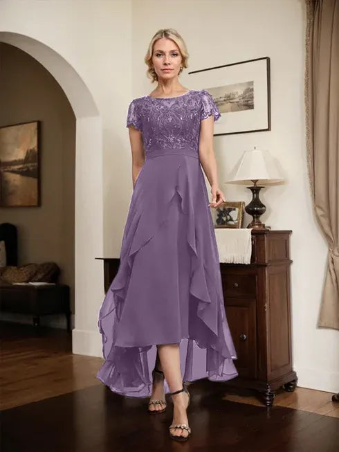 A-Line Scoop Neck Illusion Asymmetrical Chiffon Lace Mother of the Bride Dress with Bow, Ruffle, and Sequins