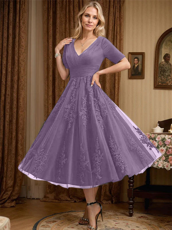 A-Line V-Neck Tea-Length Tulle Lace Mother of the Bride Dress with Pleats