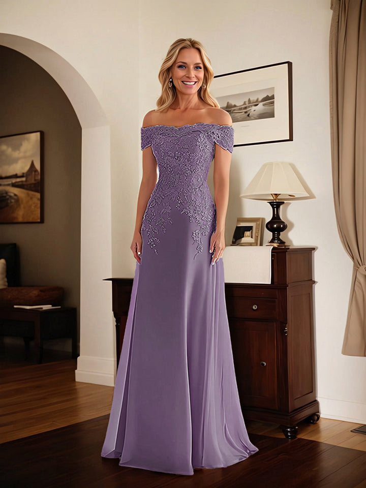 Elegant Taupe Off-the-Shoulder Lace Sheath Dress for Mother of the Bride