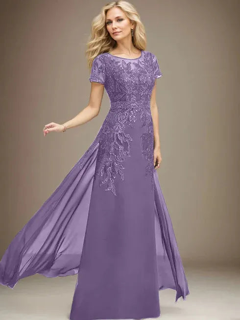 Floor-Length Lace Chiffon Mother of the Bride Dress with Sheath/Column Scoop Illusion and Sequins