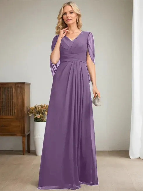 Dark Navy A-Line V-Neck Long Mother of the Bride Dress