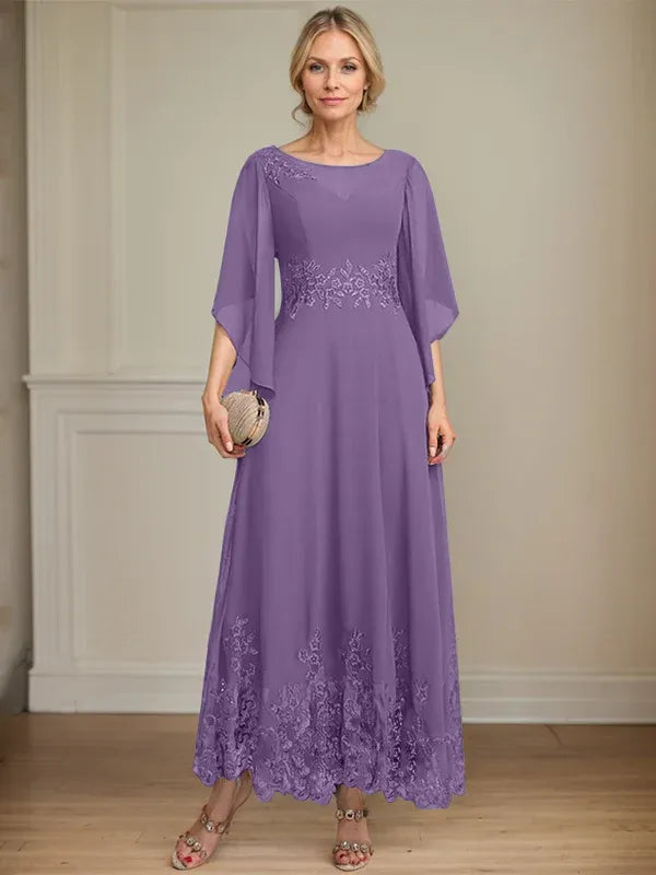 A-Line Scoop Neck Illusion Lace Chiffon Mother of the Bride Dress with Sequins and Ankle-Length Hem