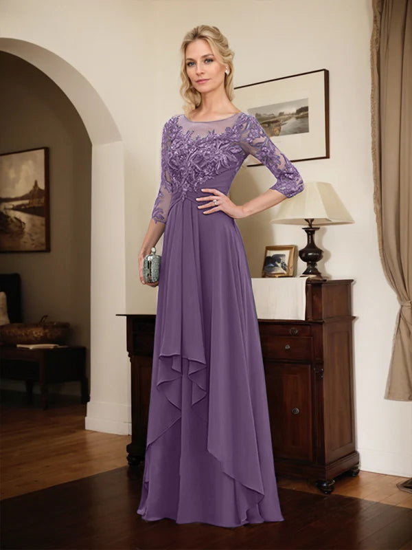 A-Line Scoop Neck Illusion Floor-Length Lace Chiffon Mother of the Bride Dress with Cascading Ruffles