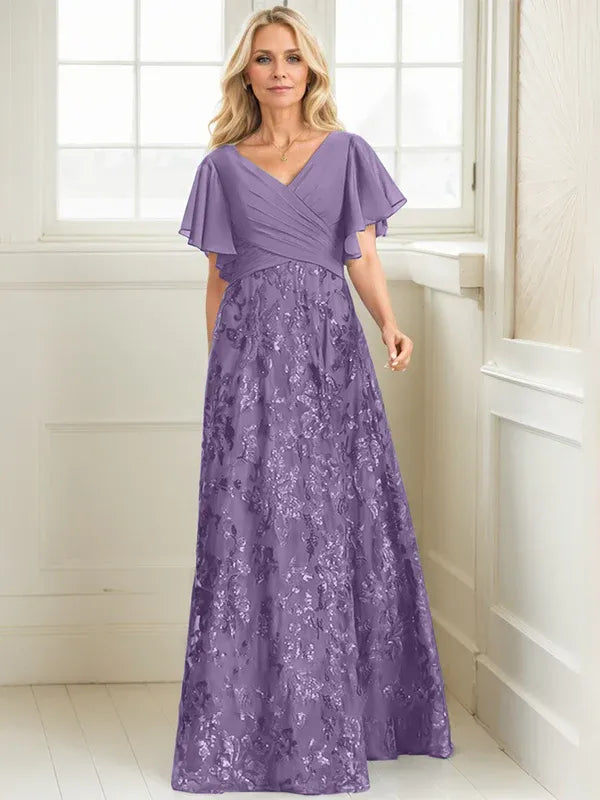 A-Line V-Neck Floor-Length Lace and Sequin Chiffon Mother of the Bride Dress with Pleats