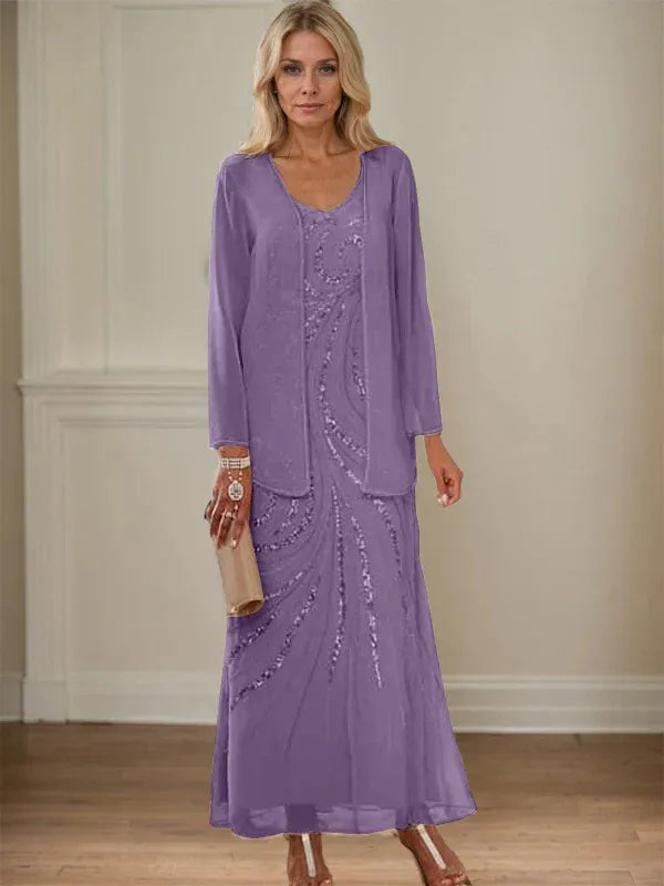 V-Neck Sheath/Mother of the Bride Ankle-Length Dress with Jacket & Sequins