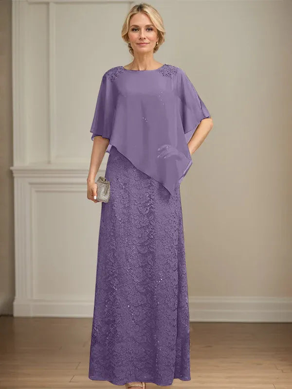 Floor-Length Chiffon Lace Sheath Dress with Sequins and Beading for Mother of the Bride