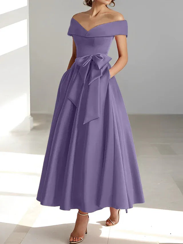 A-Line Off-the-Shoulder Sleeveless Ankle-Length Mother of the Bride Dress with Pockets