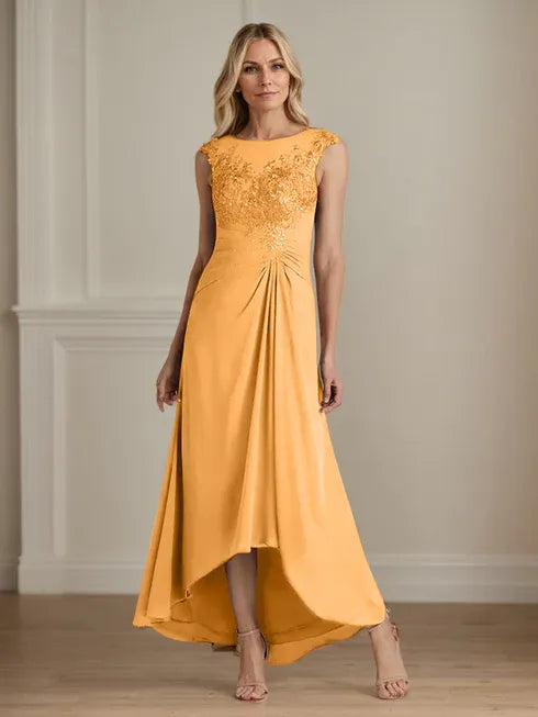 Champagne A-Line Lace and Chiffon Scoop Neck Dress