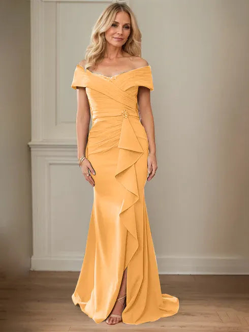 Floor-Length Lace and Chiffon Mother of the Bride Dress with Sheath/Column V-Neck Illusion and Pleated Sequins