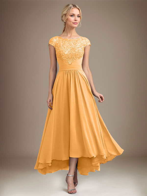 A-Line Scoop Neck Illusion Asymmetrical Lace Chiffon Mother of the Bride Dress with Pleats