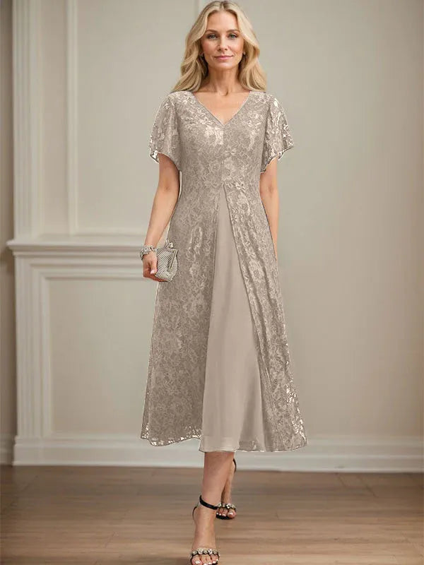 A-Line V-Neck Tea-Length Lace Chiffon Mother of the Bride Dress