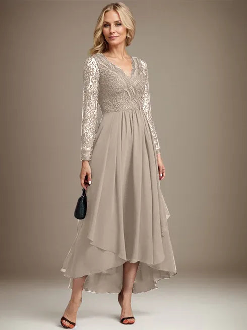 A-Line V-Neck Asymmetrical Lace Chiffon Mother of the Bride Dress