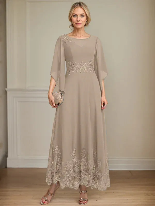 A-Line Scoop Neck Illusion Lace Chiffon Mother of the Bride Dress with Sequins and Ankle-Length Hem