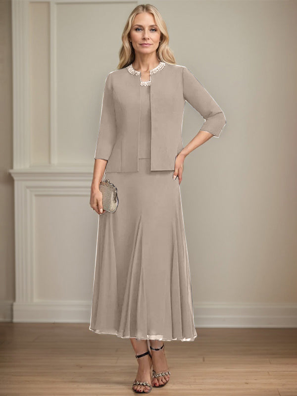A-line Scoop Tea-Length Chiffon Mother of the Bride Dress with Sequins and Beading Separates