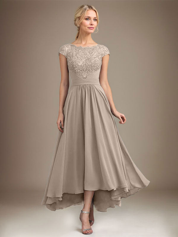 A-Line Scoop Neck Illusion Asymmetrical Lace Chiffon Mother of the Bride Dress with Pleats