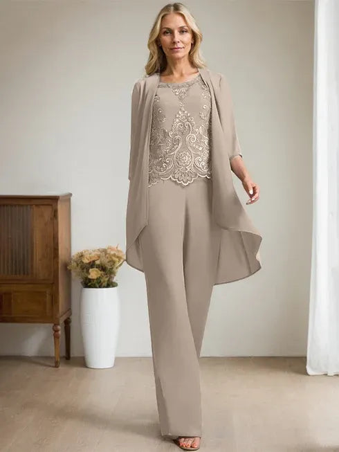 Floor-Length Chiffon Lace Mother of the Bride Jumpsuit/Pantsuit with Scoop Neck, Beading, and Sequins