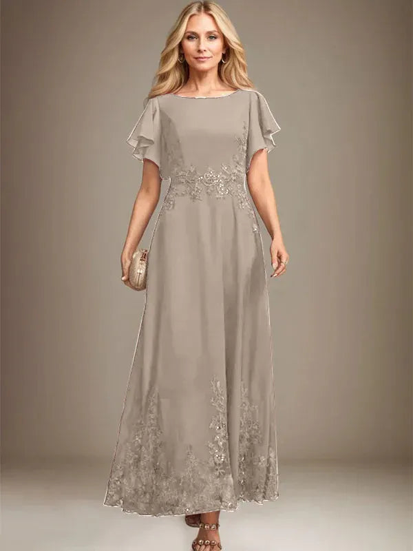 A-Line Scoop Neck Ankle-Length Lace and Chiffon Mother of the Bride Dress with Sequins