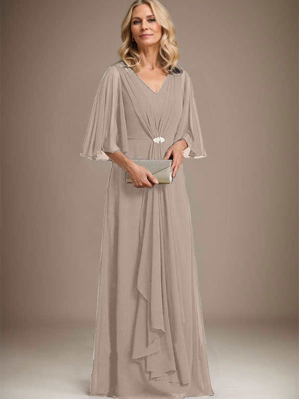 A-Line V-Neck Floor-Length Chiffon Mother of the Bride Dress with Cascading Ruffles and Crystal Brooch