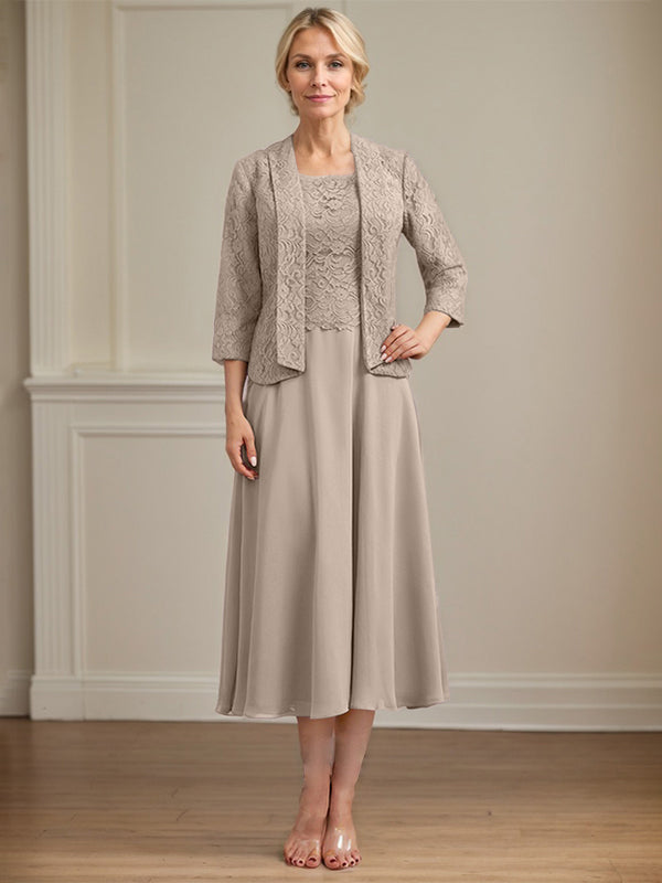 A-Line Scoop Neck Tea-Length Lace Chiffon Mother of the Bride Dress