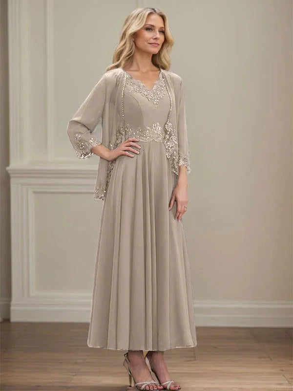 A-Line V-Neck Chiffon Mother of the Bride Dress with Sequins, Appliques, Lace, and Beading at Ankle Length