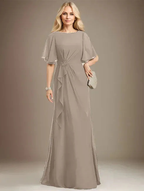 A-Line Scoop Floor-Length Chiffon Mother of the Bride Dress with Cascading Ruffles, Beading, and Sequins
