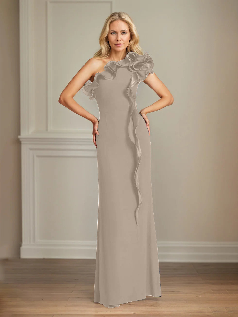 Navy Stretch Crepe One-Shoulder Sheath Dress with Ruffles – Floor-Length Mother of the Bride Gown