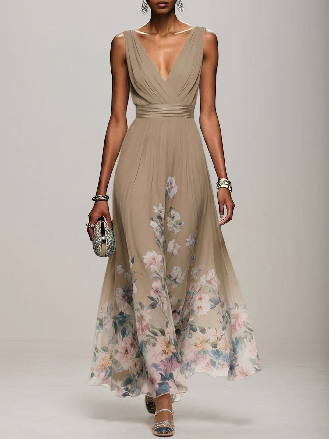 Light Blue Floral Chiffon V-Neck Sleeveless A-Line Maxi Dress
