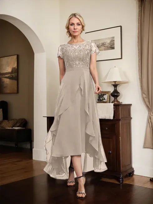 A-Line Scoop Neck Illusion Asymmetrical Chiffon Lace Mother of the Bride Dress with Bow, Ruffle, and Sequins