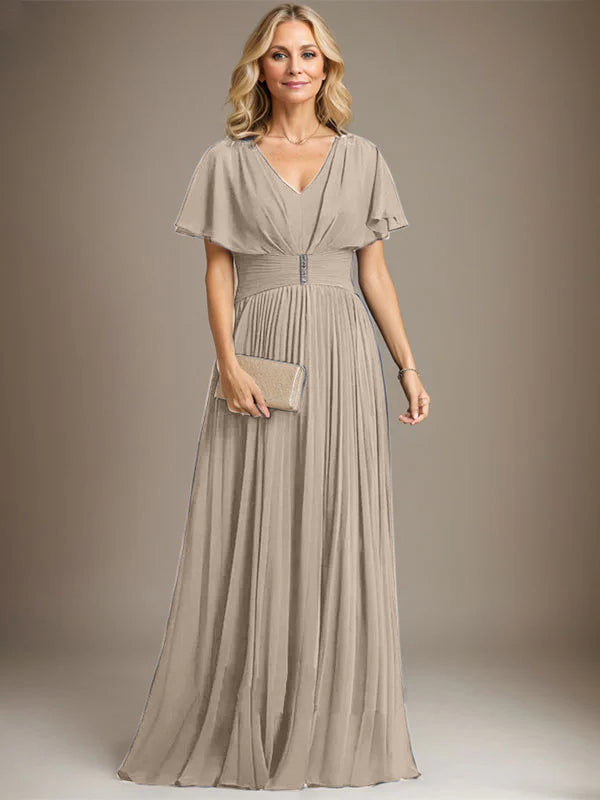 A-Line V-Neck Floor-Length Chiffon Mother of the Bride Dress with Crystal Brooch and Pleated Design