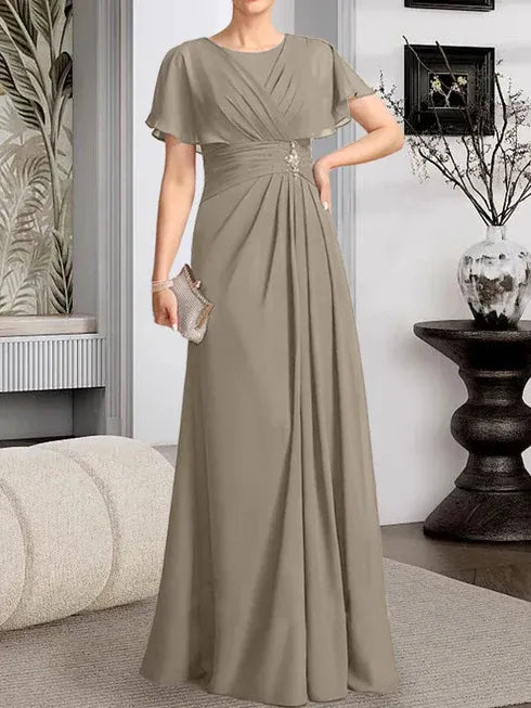 A-Line Scoop Neck Floor-Length Chiffon Mother of the Bride Dress with Pleated Beading