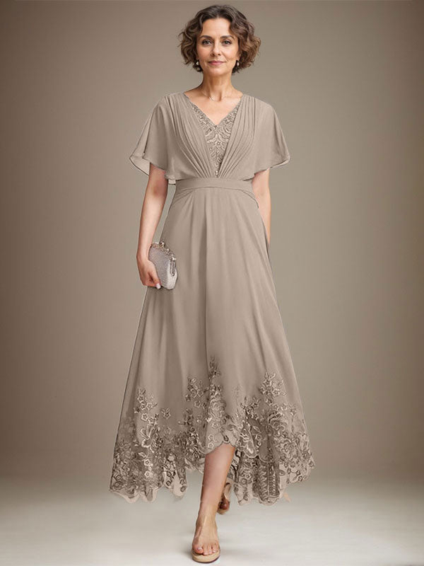 A-Line V-Neck Asymmetrical Lace Chiffon Mother of the Bride Dress with Pleats